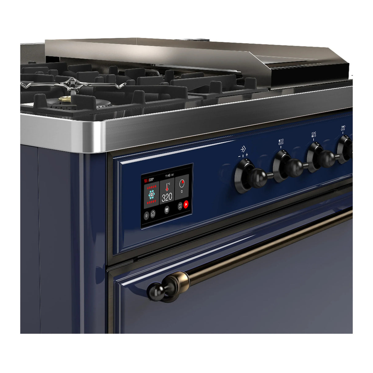 ILVE Majestic III 48-inch Dual Fuel Range with 5 Liquid Propane Burner, Griddle, French Top and Solid Door Electric Oven in Midnight Blue with Burnished Trim (UM48FSQNR3MBBLP)