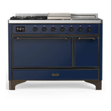 ILVE Majestic III 48-inch Dual Fuel Range with 5 Liquid Propane Burner, Griddle, French Top and Solid Door Electric Oven in Midnight Blue with Burnished Trim (UM48FSQNR3MBBLP)