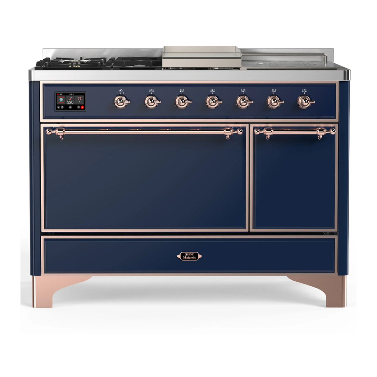ILVE Majestic III 48-inch Dual Fuel Range with 5 Liquid Propane Burner, Griddle, French Top and Solid Door Electric Oven in Midnight Blue with Copper Trim (UM48FSQNR3MBPLP)