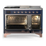ILVE Majestic III 48-inch Dual Fuel Range with 5 Liquid Propane Burner, Griddle, French Top and Solid Door Electric Oven in Midnight Blue with Copper Trim (UM48FSQNR3MBPLP)