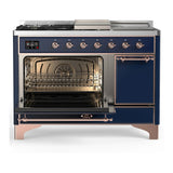 ILVE Majestic III 48-inch Dual Fuel Range with 5 Liquid Propane Burner, Griddle, French Top and Solid Door Electric Oven in Midnight Blue with Copper Trim (UM48FSQNR3MBPLP)