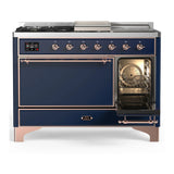 ILVE Majestic III 48-inch Dual Fuel Range with 5 Liquid Propane Burner, Griddle, French Top and Solid Door Electric Oven in Midnight Blue with Copper Trim (UM48FSQNR3MBPLP)