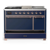 ILVE Majestic III 48-inch Dual Fuel Range with 5 Liquid Propane Burner, Griddle, French Top and Solid Door Electric Oven in Midnight Blue with Copper Trim (UM48FSQNR3MBPLP)