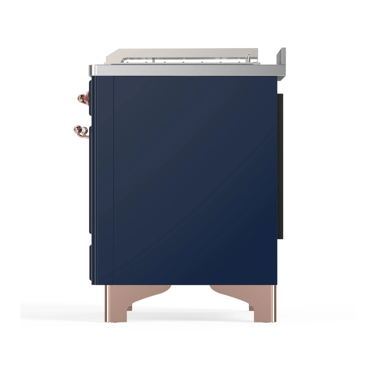 ILVE Majestic III 48-inch Dual Fuel Range with 5 Liquid Propane Burner, Griddle, French Top and Solid Door Electric Oven in Midnight Blue with Copper Trim (UM48FSQNR3MBPLP)