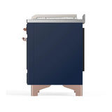 ILVE Majestic III 48-inch Dual Fuel Range with 5 Liquid Propane Burner, Griddle, French Top and Solid Door Electric Oven in Midnight Blue with Copper Trim (UM48FSQNR3MBPLP)