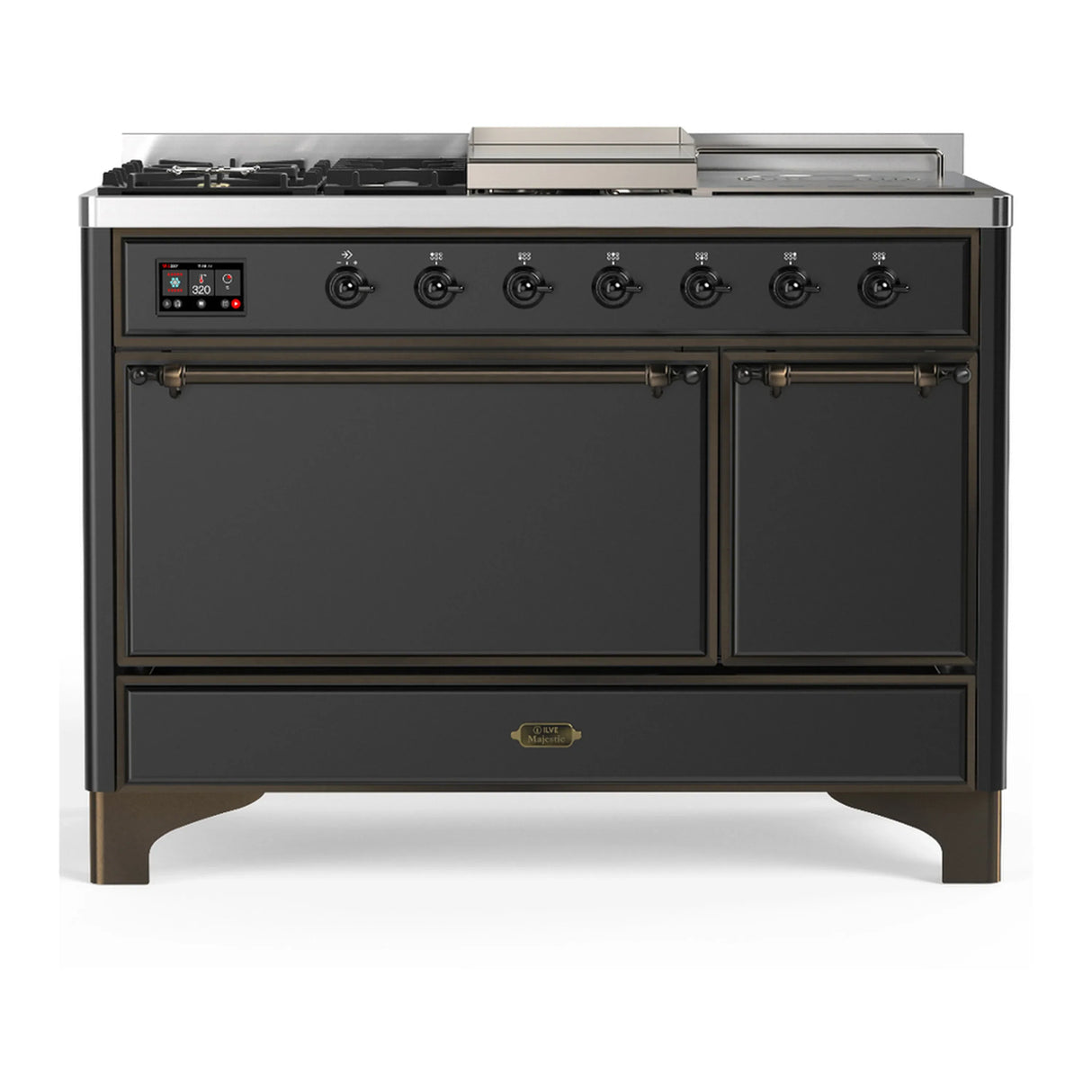 ILVE Majestic III 48-inch Dual Fuel Range with 5 Liquid Propane Burner, Griddle, French Top and Solid Door Electric Oven in Graphite Matte with Burnished Trim (UM48FSQNR3MGBLP)