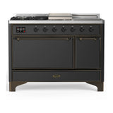 ILVE Majestic III 48-inch Dual Fuel Range with 5 Liquid Propane Burner, Griddle, French Top and Solid Door Electric Oven in Graphite Matte with Burnished Trim (UM48FSQNR3MGBLP)
