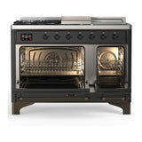 ILVE Majestic III 48-inch Dual Fuel Range with 5 Liquid Propane Burner, Griddle, French Top and Solid Door Electric Oven in Graphite Matte with Burnished Trim (UM48FSQNR3MGBLP)