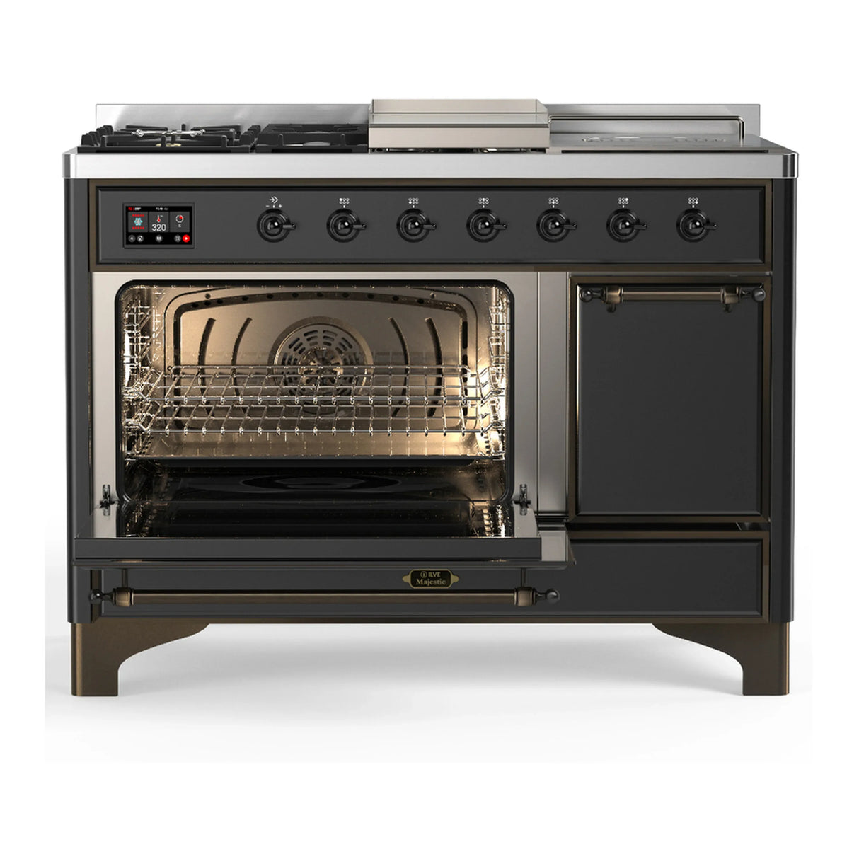 ILVE Majestic III 48-inch Dual Fuel Range with 5 Liquid Propane Burner, Griddle, French Top and Solid Door Electric Oven in Graphite Matte with Burnished Trim (UM48FSQNR3MGBLP)