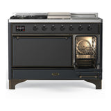 ILVE Majestic III 48-inch Dual Fuel Range with 5 Liquid Propane Burner, Griddle, French Top and Solid Door Electric Oven in Graphite Matte with Burnished Trim (UM48FSQNR3MGBLP)