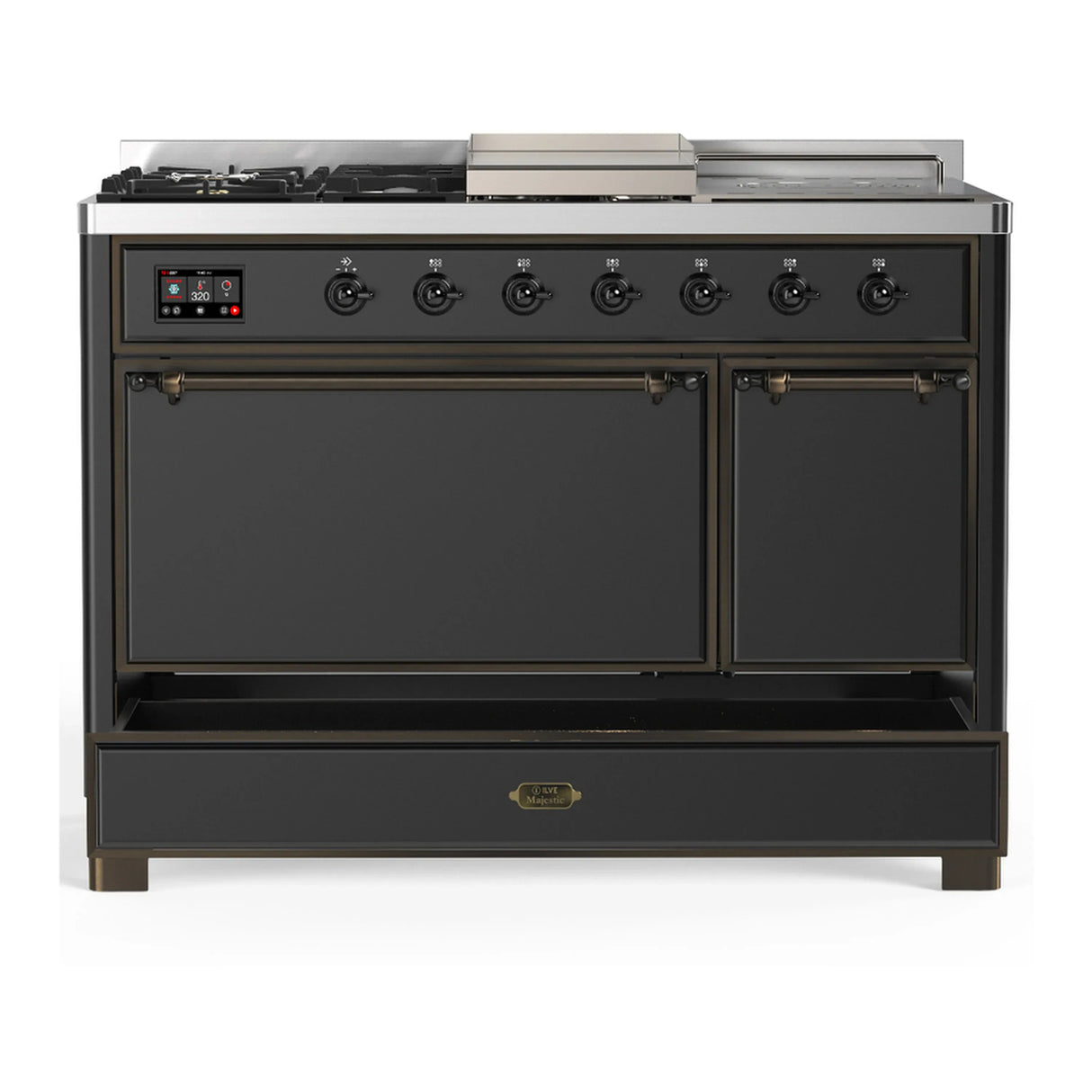 ILVE Majestic III 48-inch Dual Fuel Range with 5 Liquid Propane Burner, Griddle, French Top and Solid Door Electric Oven in Graphite Matte with Burnished Trim (UM48FSQNR3MGBLP)