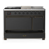 ILVE Majestic III 48-inch Dual Fuel Range with 5 Liquid Propane Burner, Griddle, French Top and Solid Door Electric Oven in Graphite Matte with Burnished Trim (UM48FSQNR3MGBLP)