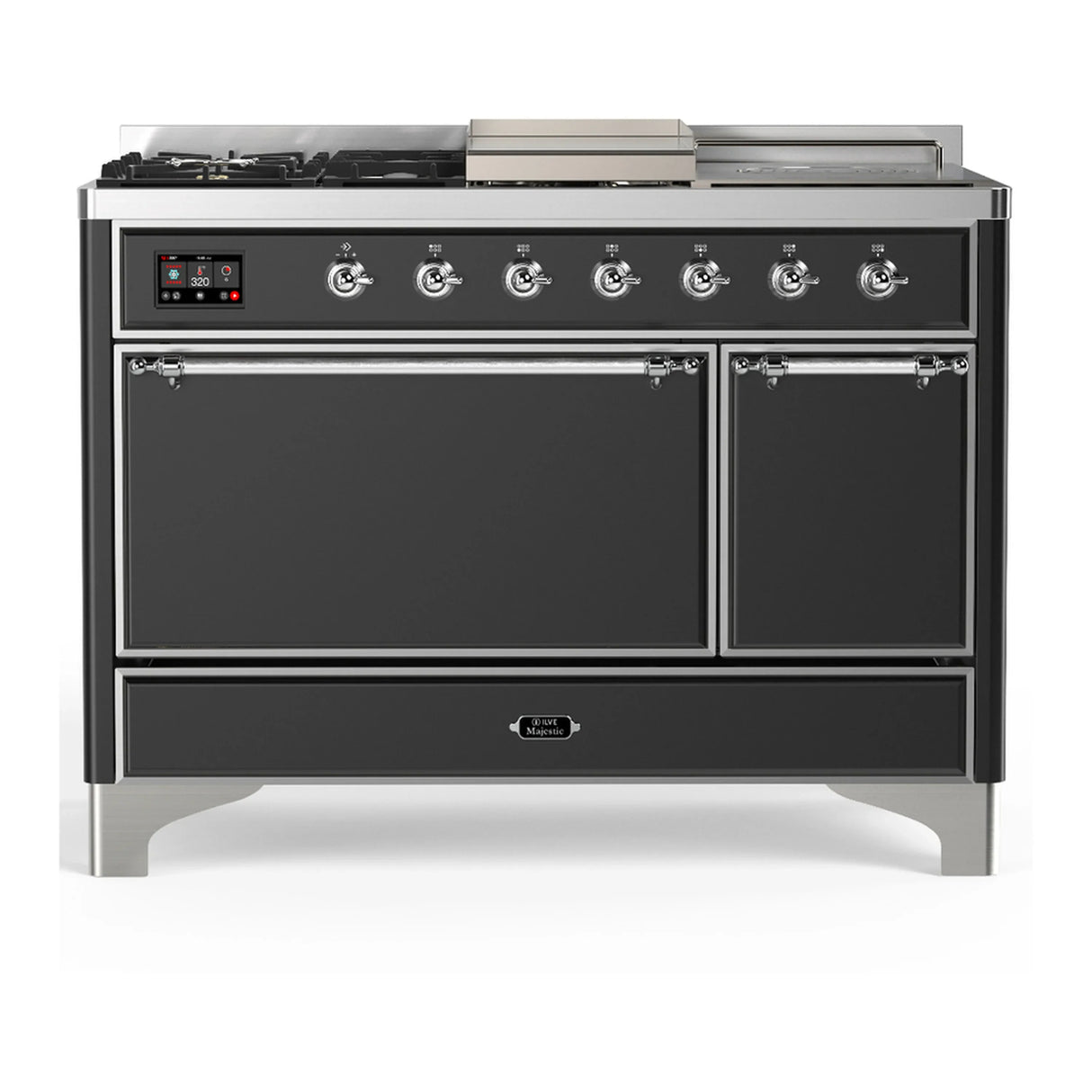 ILVE Majestic III 48-inch Dual Fuel Range with 5 Liquid Propane Burner, Griddle, French Top and Solid Door Electric Oven in Graphite Matte with Chrome Trim (UM48FSQNR3MGCLP)