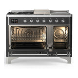 ILVE Majestic III 48-inch Dual Fuel Range with 5 Liquid Propane Burner, Griddle, French Top and Solid Door Electric Oven in Graphite Matte with Chrome Trim (UM48FSQNR3MGCLP)