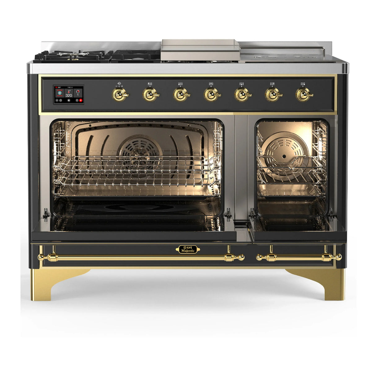 ILVE Majestic III 48-inch Dual Fuel Range with 5 Natural Gas Burner, Griddle, French Top and Solid Door Electric Oven in Graphite Matte with Brass Trim (UM48FSQNR3MGG)