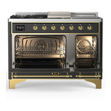 ILVE Majestic III 48-inch Dual Fuel Range with 5 Natural Gas Burner, Griddle, French Top and Solid Door Electric Oven in Graphite Matte with Brass Trim (UM48FSQNR3MGG)