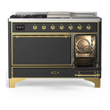 ILVE Majestic III 48-inch Dual Fuel Range with 5 Natural Gas Burner, Griddle, French Top and Solid Door Electric Oven in Graphite Matte with Brass Trim (UM48FSQNR3MGG)