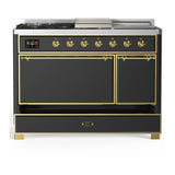 ILVE Majestic III 48-inch Dual Fuel Range with 5 Natural Gas Burner, Griddle, French Top and Solid Door Electric Oven in Graphite Matte with Brass Trim (UM48FSQNR3MGG)