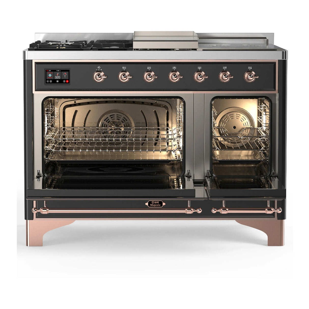 ILVE Majestic III 48-inch Dual Fuel Range with 5 Liquid Propane Burner, Griddle, French Top and Solid Door Electric Oven in Graphite Matte with Copper Trim (UM48FSQNR3MGPLP)