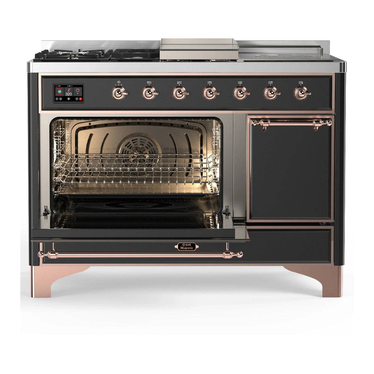 ILVE Majestic III 48-inch Dual Fuel Range with 5 Liquid Propane Burner, Griddle, French Top and Solid Door Electric Oven in Graphite Matte with Copper Trim (UM48FSQNR3MGPLP)