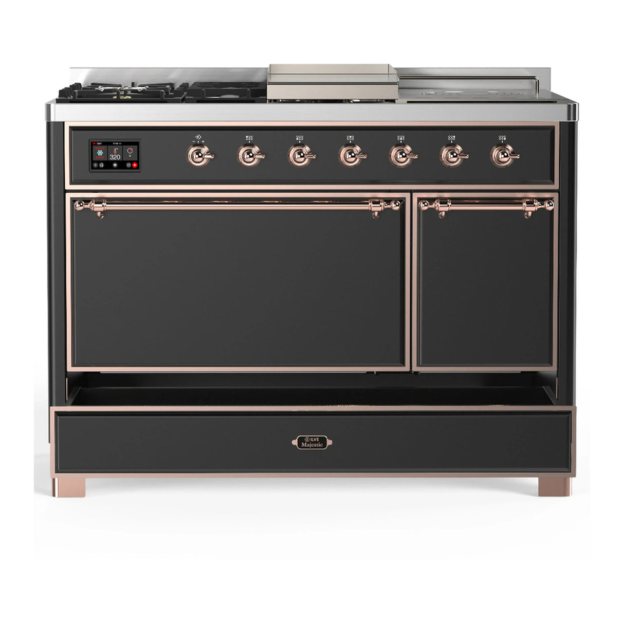 ILVE Majestic III 48-inch Dual Fuel Range with 5 Liquid Propane Burner, Griddle, French Top and Solid Door Electric Oven in Graphite Matte with Copper Trim (UM48FSQNR3MGPLP)