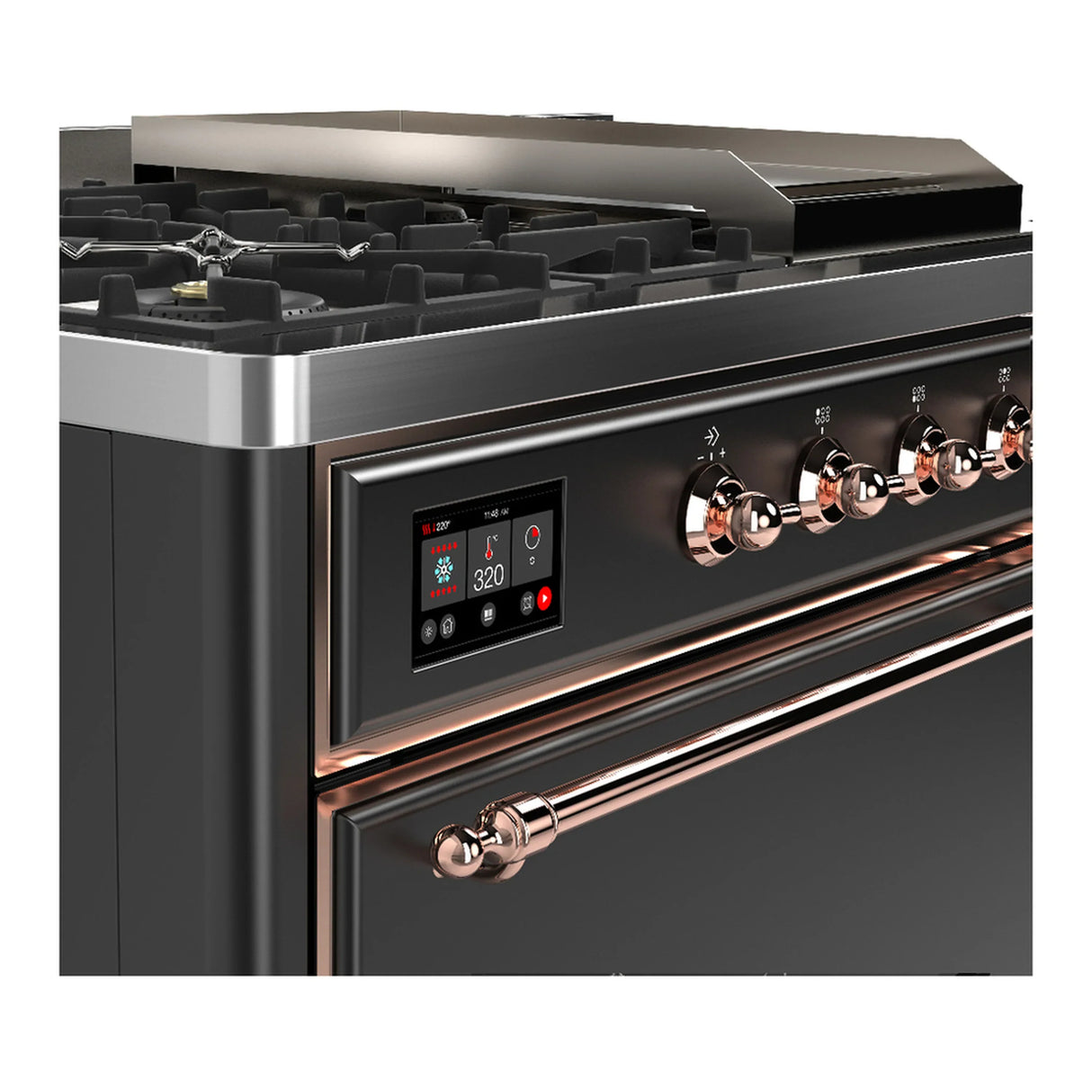 ILVE Majestic III 48-inch Dual Fuel Range with 5 Liquid Propane Burner, Griddle, French Top and Solid Door Electric Oven in Graphite Matte with Copper Trim (UM48FSQNR3MGPLP)