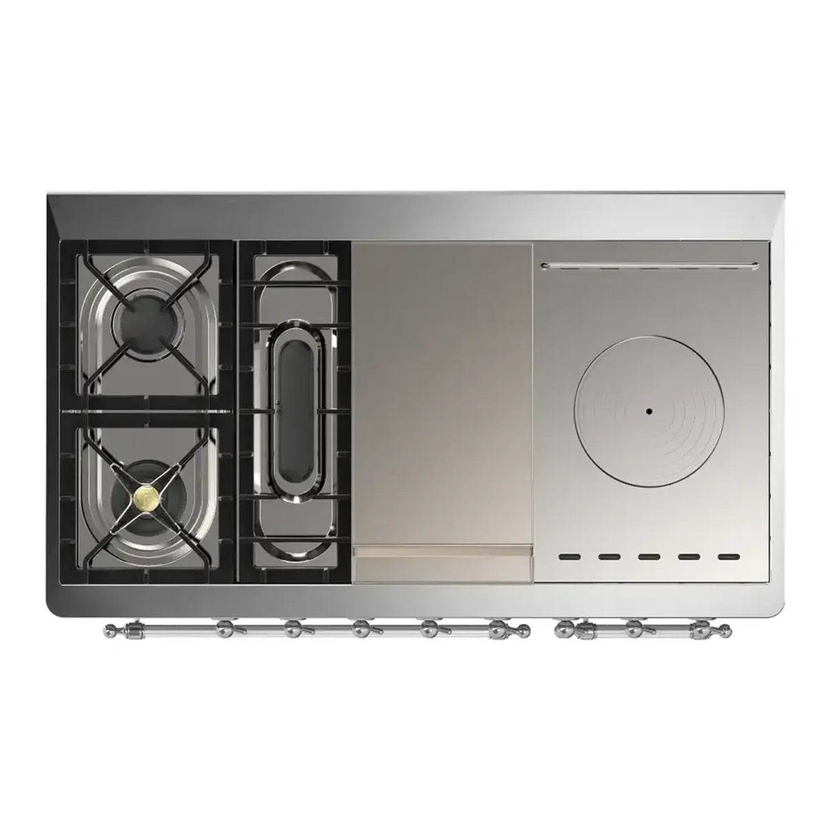 ILVE Majestic III 48-inch Dual Fuel Range with 5 Natural Gas Burner, Griddle, French Top and Solid Door Electric Oven in RAL with Chrome Trim (UM48FSQNR3RAC)
