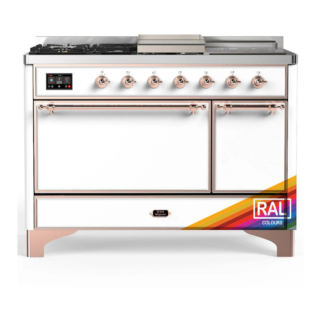ILVE Majestic III 48-inch Dual Fuel Range with 5 Liquid Propane Burner, Griddle, French Top and Solid Door Electric Oven in RAL with Copper Trim (UM48FSQNR3RAPLP)