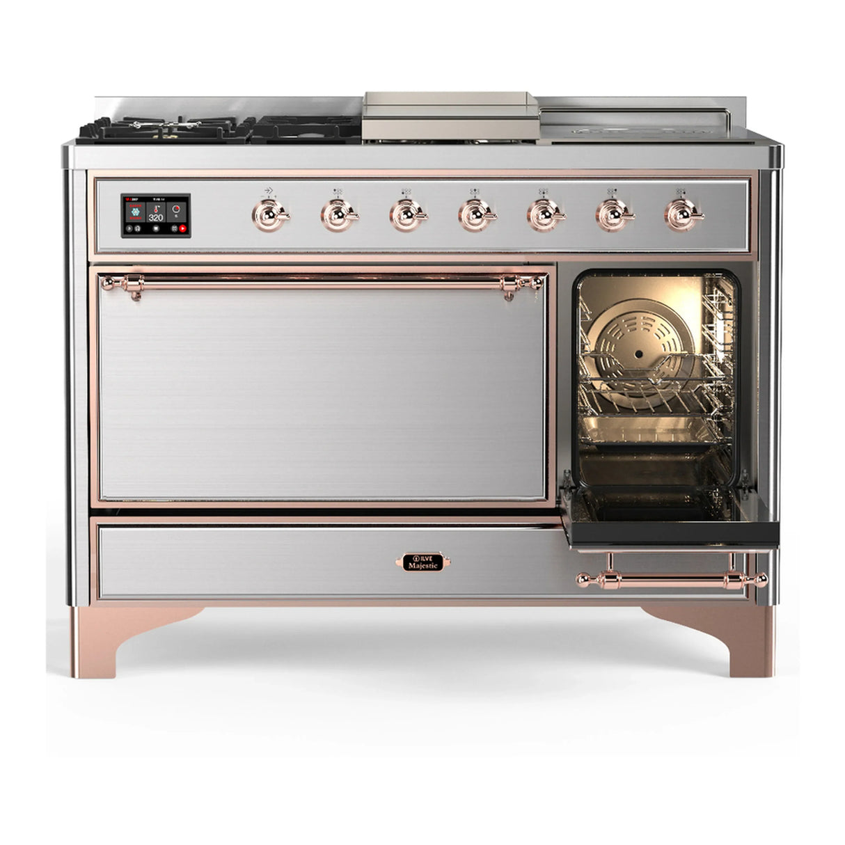 ILVE Majestic III 48-inch Dual Fuel Range with 5 Natural Gas Burner, Griddle, French Top and Solid Door Electric Oven in Stainless Steel with Copper Trim (UM48FSQNR3SSP)