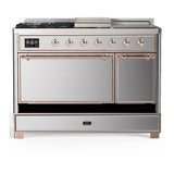 ILVE Majestic III 48-inch Dual Fuel Range with 5 Natural Gas Burner, Griddle, French Top and Solid Door Electric Oven in Stainless Steel with Copper Trim (UM48FSQNR3SSP)