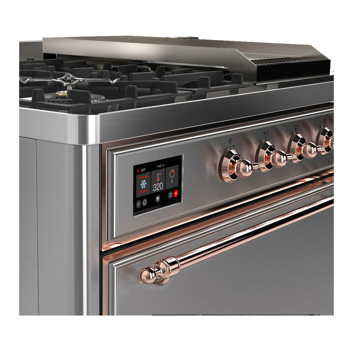 ILVE Majestic III 48-inch Dual Fuel Range with 5 Natural Gas Burner, Griddle, French Top and Solid Door Electric Oven in Stainless Steel with Copper Trim (UM48FSQNR3SSP)