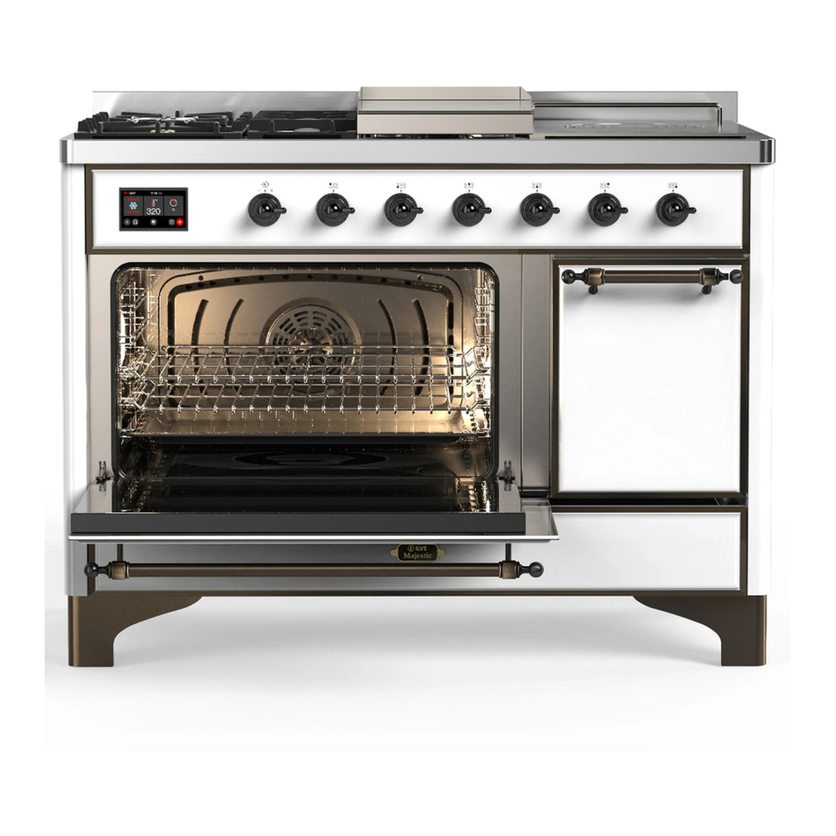 ILVE Majestic III 48-inch Dual Fuel Range with 5 Natural Gas Burner, Griddle, French Top and Solid Door Electric Oven in White with Burnished Trim (UM48FSQNR3WHB)