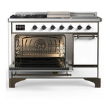 ILVE Majestic III 48-inch Dual Fuel Range with 5 Natural Gas Burner, Griddle, French Top and Solid Door Electric Oven in White with Burnished Trim (UM48FSQNR3WHB)