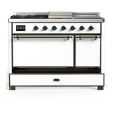 ILVE Majestic III 48-inch Dual Fuel Range with 5 Natural Gas Burner, Griddle, French Top and Solid Door Electric Oven in White with Burnished Trim (UM48FSQNR3WHB)