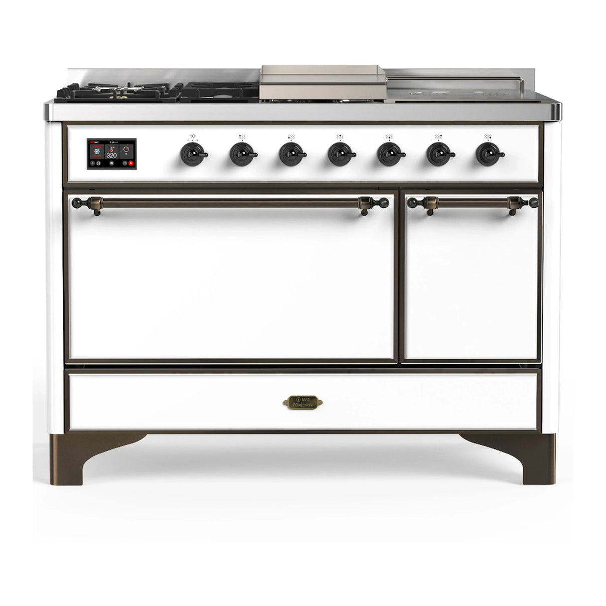 ILVE Majestic III 48-inch Dual Fuel Range with 5 Natural Gas Burner, Griddle, French Top and Solid Door Electric Oven in White with Burnished Trim (UM48FSQNR3WHB)