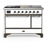 ILVE Majestic III 48-inch Dual Fuel Range with 5 Natural Gas Burner, Griddle, French Top and Solid Door Electric Oven in White with Burnished Trim (UM48FSQNR3WHB)