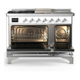 ILVE Majestic III 48-inch Dual Fuel Range with 5 Natural Gas Burner, Griddle, French Top and Solid Door Electric Oven in White with Chrome Trim (UM48FSQNR3WHC)