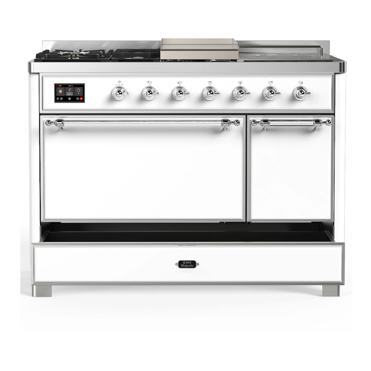 ILVE Majestic III 48-inch Dual Fuel Range with 5 Natural Gas Burner, Griddle, French Top and Solid Door Electric Oven in White with Chrome Trim (UM48FSQNR3WHC)