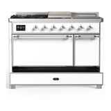 ILVE Majestic III 48-inch Dual Fuel Range with 5 Natural Gas Burner, Griddle, French Top and Solid Door Electric Oven in White with Chrome Trim (UM48FSQNR3WHC)