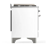ILVE Majestic III 48-inch Dual Fuel Range with 5 Natural Gas Burner, Griddle, French Top and Solid Door Electric Oven in White with Chrome Trim (UM48FSQNR3WHC)