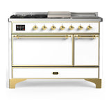 ILVE Majestic III 48-inch Dual Fuel Range with 5 Liquid Propane Burner, Griddle, French Top and Solid Door Electric Oven in White with Brass Trim (UM48FSQNR3WHGLP)