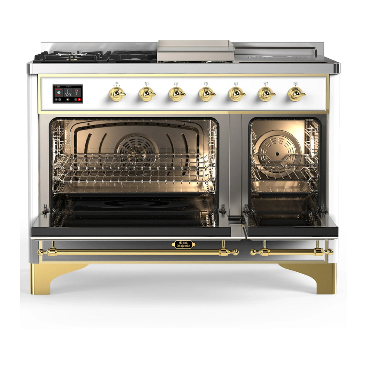 ILVE Majestic III 48-inch Dual Fuel Range with 5 Liquid Propane Burner, Griddle, French Top and Solid Door Electric Oven in White with Brass Trim (UM48FSQNR3WHGLP)