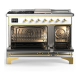 ILVE Majestic III 48-inch Dual Fuel Range with 5 Liquid Propane Burner, Griddle, French Top and Solid Door Electric Oven in White with Brass Trim (UM48FSQNR3WHGLP)