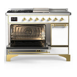 ILVE Majestic III 48-inch Dual Fuel Range with 5 Liquid Propane Burner, Griddle, French Top and Solid Door Electric Oven in White with Brass Trim (UM48FSQNR3WHGLP)