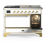 ILVE Majestic III 48-inch Dual Fuel Range with 5 Liquid Propane Burner, Griddle, French Top and Solid Door Electric Oven in White with Brass Trim (UM48FSQNR3WHGLP)