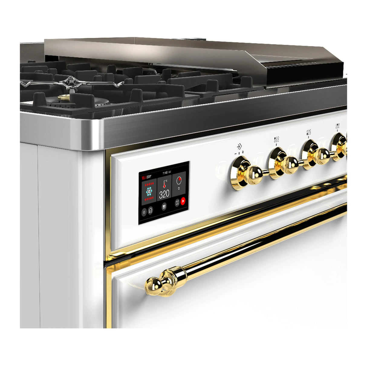 ILVE Majestic III 48-inch Dual Fuel Range with 5 Liquid Propane Burner, Griddle, French Top and Solid Door Electric Oven in White with Brass Trim (UM48FSQNR3WHGLP)