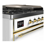 ILVE Majestic III 48-inch Dual Fuel Range with 5 Liquid Propane Burner, Griddle, French Top and Solid Door Electric Oven in White with Brass Trim (UM48FSQNR3WHGLP)