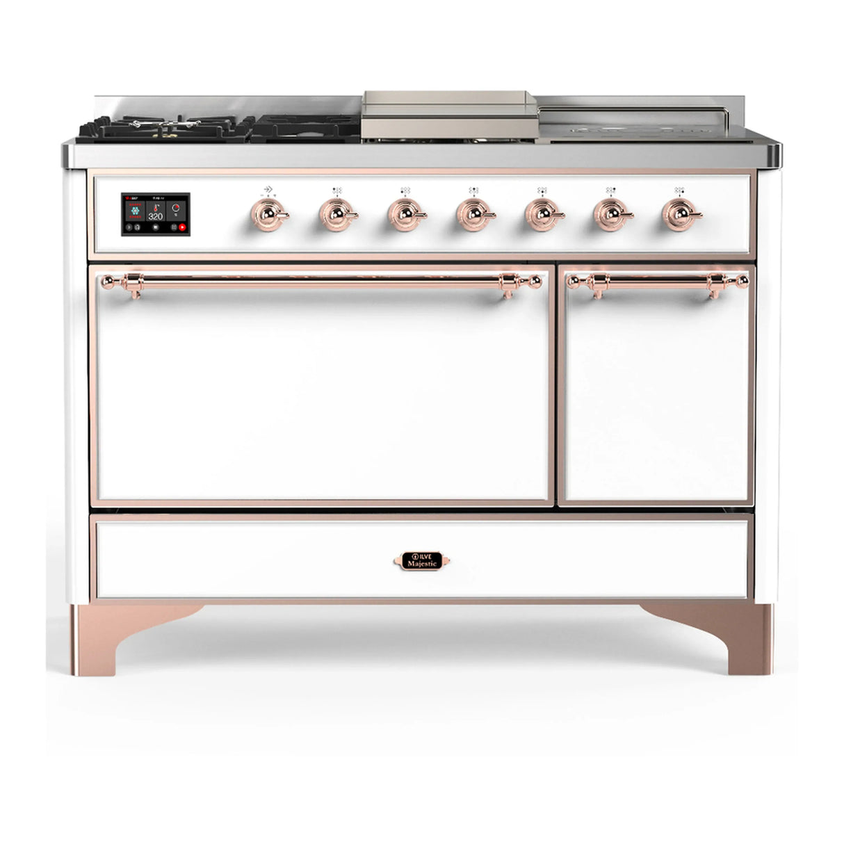 ILVE Majestic III 48-inch Dual Fuel Range with 5 Liquid Propane Burner, Griddle, French Top and Solid Door Electric Oven in White with Copper Trim (UM48FSQNR3WHPLP)