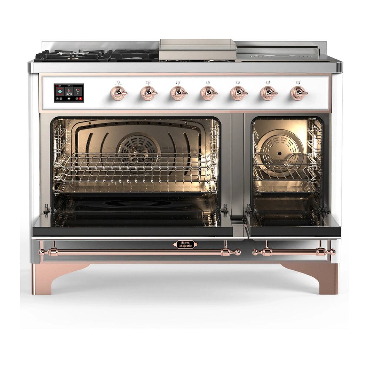 ILVE Majestic III 48-inch Dual Fuel Range with 5 Liquid Propane Burner, Griddle, French Top and Solid Door Electric Oven in White with Copper Trim (UM48FSQNR3WHPLP)