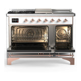 ILVE Majestic III 48-inch Dual Fuel Range with 5 Liquid Propane Burner, Griddle, French Top and Solid Door Electric Oven in White with Copper Trim (UM48FSQNR3WHPLP)